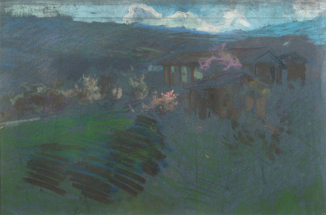 Gino Piccioni (Foligno 1873 - Biella 1941): Paese nella valle in primavera pastello su cartoncino, cm 31 x 47,5GINO PICCIONI (FOLIGNO 1873 - BIELLA 1941), TOWN IN THE VALLEY IN SPRINGTIME, PASTEL ON CARD, CM 31 x 47,5