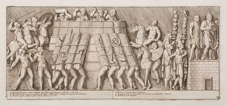[Bartoli, Pietro Sante & Bellori, Giovanni Pietro]: Stylobates columnae Antoninae nuper e ruderibus campi martii Roma, Calcografia di Domenico de Rubeis, [1704] -1708. In 2° oblungo. L’esemplare è cosi composto: tab. I lapide incisa, frontespizio d