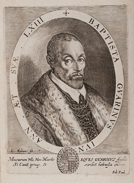 Guarini, Giovanni Battista: Il Pastor Fido Venetia, G. B. Ciotti, 1602-1. In 4°. Due parti in un volume, ciascuna con proprio frontespizio, la seconda intitolata Compendio della poesia tragicomica, tratto dai duo Verati, fronte
