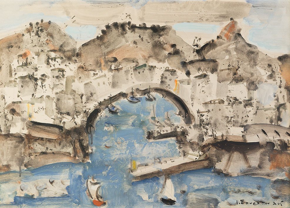 Jannis Spyropoulos (Pylos 1912 - Atene 1990): Porto di Hydra tecnica mista su carta, cm 34 x 49Firmato in basso a destra: J. SpyropoulosJANNIS SPYROPOULOS (PYLOS 1912 - ATHENS 1990) HYDRA'S HARBOUR, MIXED MEDIA ON PAPER, CM 34 x 49 SIGNED LOWER R