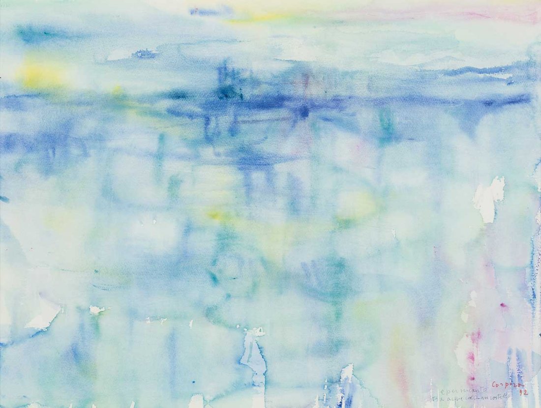 Antonio Corpora (Tunisi 1909 - Roma 2004): E per incanto tra acqua e cielo... un castello, 1992 acquarello su cartoncino, cm 56 x 74Firmato in basso a destra: Corpora 92, E per incanto tra acqua e cielo... un castelloANTONIO CORPORA (TUNISI 19