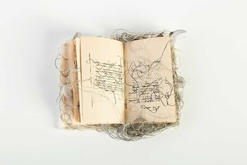 Maria Lai (Ulassai 1919 - Cardedu 2013): Piccolo libro carta, stoffa, ricamo, filo grigio e piume, cm 11 x 15 x 4 PROVENIENZA: Collezione Marcello Venturoli, RomaMARIA LAI (ULASSAI 1919 - CARDEDU 2013) SMALL BOOK, PAPER, FABRIC, GREY THREAD 