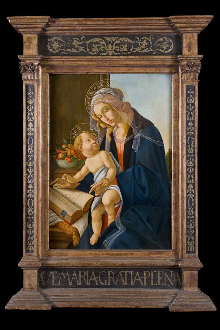 Da Alessandro Filipepi, detto il Botticelli, secolo XIX: La Madonna del Libro olio su tavola antica, cm 90 x 64 (esclusa la cornice) Il dipinto è tratto dall’opera omonima conservata a Milano, Museo Poldi Pezzoli.L’opera, data l’antica provenienza da