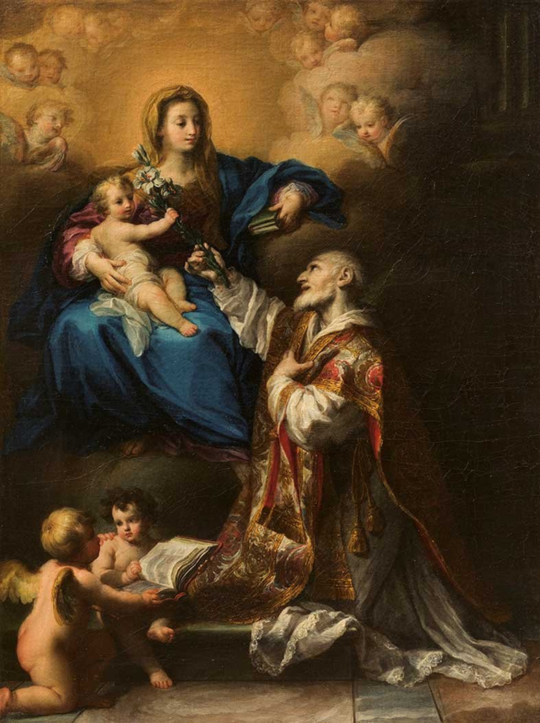 Agostino Masucci (Roma 1691 – 1758): La Madonna in gloria appare a san Filippo Neri olio su tela, cm 66,5 x 50, entro cornice dorata a quattro ordini di intaglio coeva Il tema iconografico, molto amato dai pittori romani della prima met�