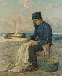 Angelo Pavan (Vicenza 1893 - Venezia 1945): ‘Vela in riparazione’ olio su legno, cm 50 x 40firmato in basso a destra: A. PavanSul retro titolo di mano dell’artista.ANGELO PAVAN (VICENZA 1893-VENICE 1945), REPAIRING SAIL, OIL ON WOOD, CM 5