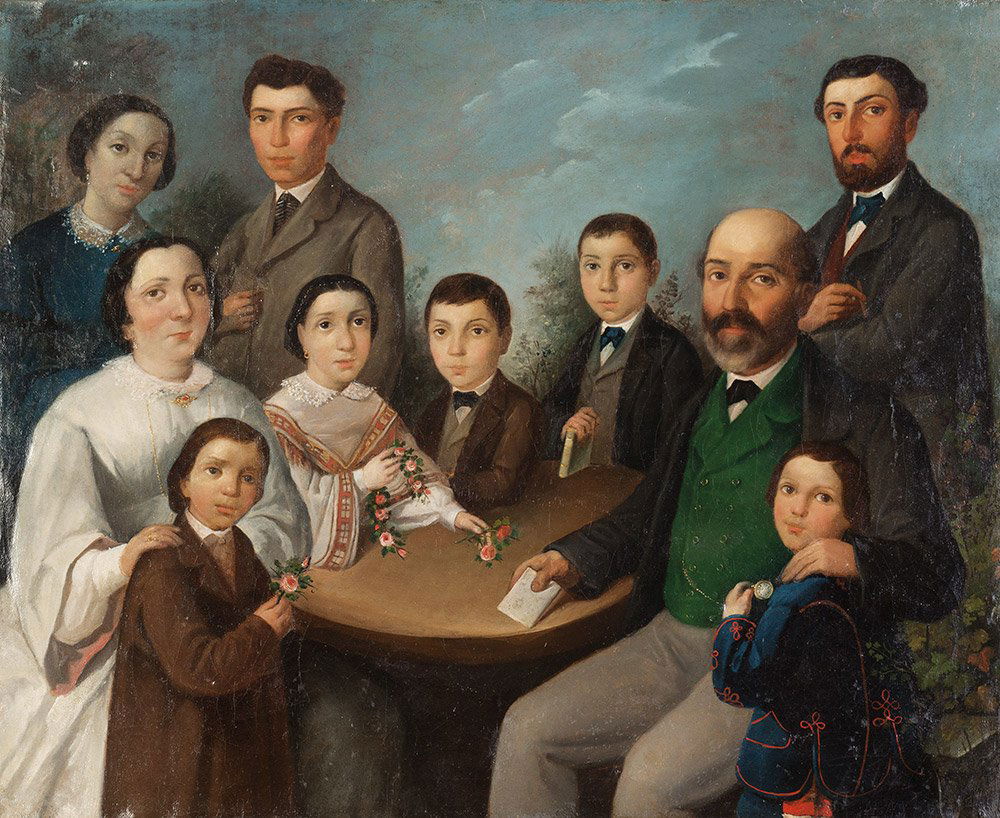 Pittore della seconda metà del XIX secolo: La famiglia olio su tela, senza cornice, cm 61 x 75ECOND HALF 19TH CENTURY PAINTER, THE FAMILY, OIL ON CANVAS, WITHOUT FRAME CM 61 X 75
