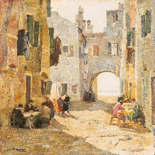 Angelo Pavan (Vicenza 1893 - Venezia 1945): ‘Mattino in calle’ olio su legno, cm 29,9 x 30firmato in basso a sinistra: A. PavanSul retro titolo e firma di mano dell’artista.ANGELO PAVAN (VICENZA 1893-VENICE 1945), MORNING IN THE STREET, O