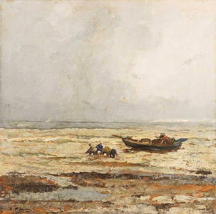 Angelo Pavan (Vicenza 1893 - Venezia 1945): Pescatori e barca nei pressi della riva olio su legno, cm 30 x 30firmato in basso a sinistra: A. PavanANGELO PAVAN (VICENZA 1893-VENICE 1945), FISHERMEN AND SHIP NEAR THE SEASIDE, OIL ON WOOD, CM 30 X