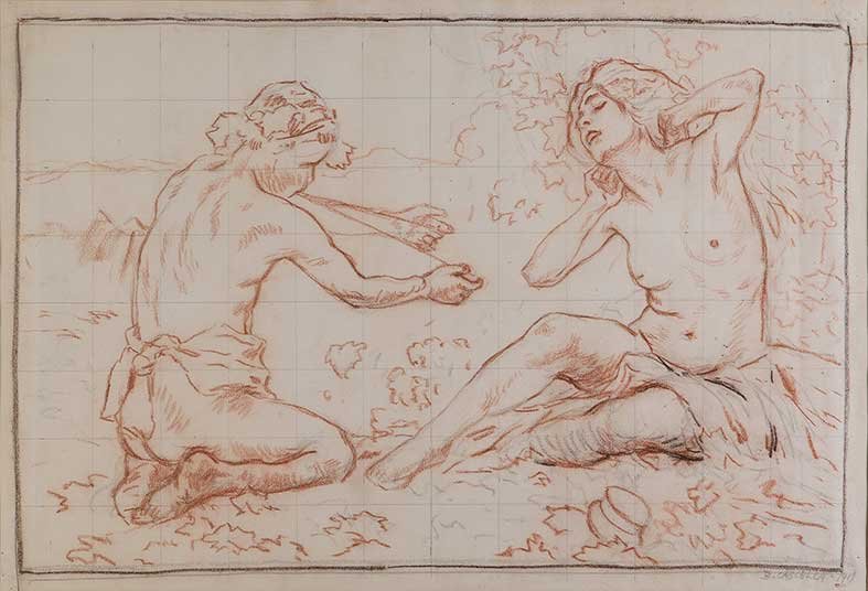 Basilio Cascella (Pescara 1860 – Roma 1950): Musica nel bosco, 1919 sanguigna, carboncino e matita su cartoncino, cm 43,7 x 64firmato e datato in basso a destra: B. CASCELLA - 1919BASILIO CASCELLA (PESCARA 1860 - ROME 1950), MUSIC IN THE WOOD, C