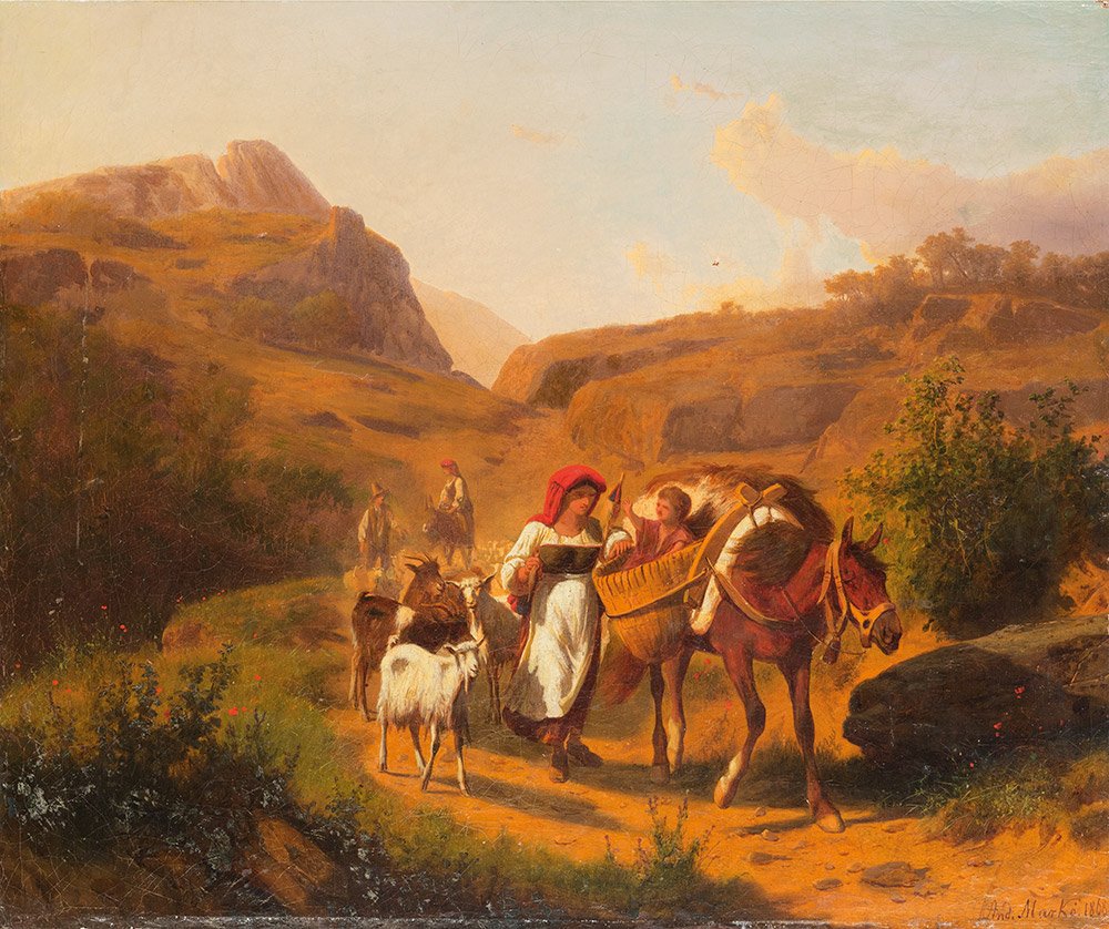 Andrea Markò (Vienna 1824 - Villa Tivoli 1895): Famiglia di contadini con animali nella campagna romana,1868 olio su tela, cm 46 x 56firmato e datato in basso a destra: And. Markò. 1868.ANDREA MARKO’ (WIEN 1824 - VILLA TIVOLI 1895) PAESANTS IN T