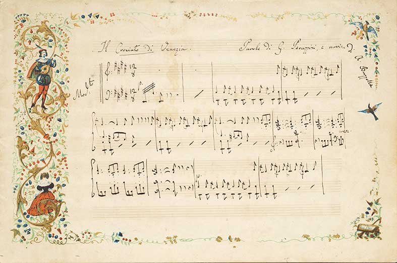 Buzzolla, Antonio: Il Crociato di Venezia. Partitura musicale Partitura autografa in 4° oblungo, 175 x 265 mm., cc.4 nn. con notazione musicale mss. in pentagramma stampato, decorazione floreale policroma miniata in or
