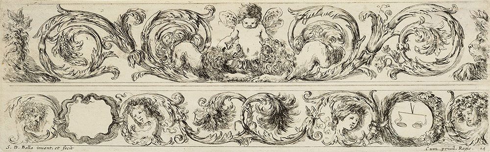 Della Bella, Stefano: Fregi ornamentali con fogliami e figure Acquaforte, I stato di 4, firmata in basso a sinistra “S. D. Bella invenit et fecit”; a sinistra “Cum Privilgius Regis. 14”, incollato su supporto in du