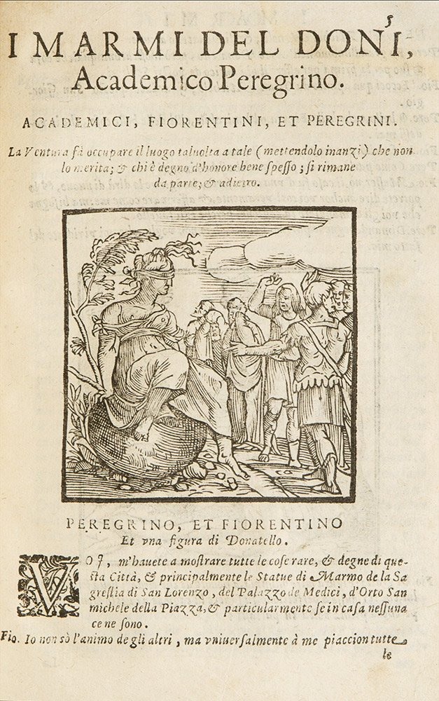 Doni, Anton Francesco: Marmi Venezia, Gio. Battista Bertoni, 1609. In 4°. 3 parti in un volume. 4 frontespizi, ciascuno con marca tipografica, 71 illustrazioni xilografiche nel testo, testatine e capilettera figurati, qual