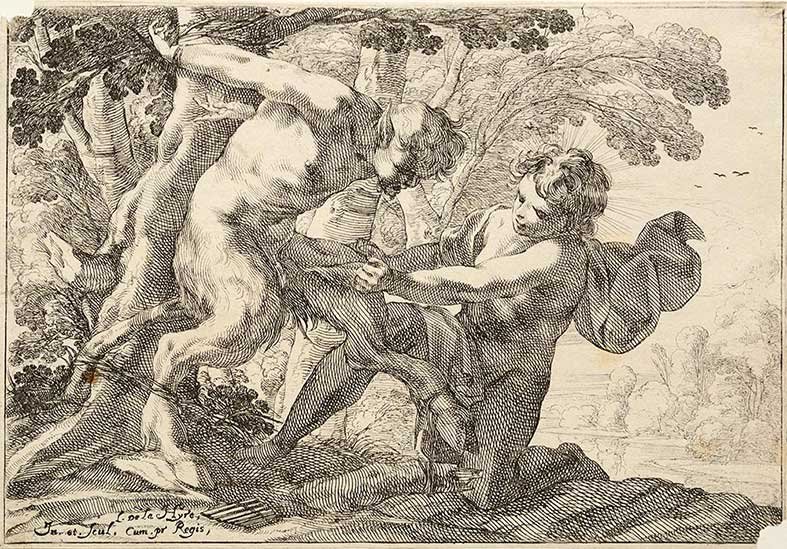 Hyre, Laurent de la: Apollo e Marsia Acquaforte, sec. XVII, firma manoscritta al margine sinistro di mano coeva, incollato su passepartout, angolo superiore sinistro e destro mancanti, mm. 65 x 240 il foglio. § Apollo e 