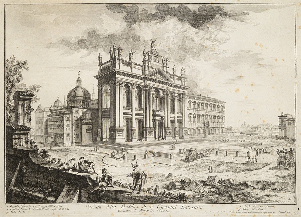 Piranesi, Giovanni Battista: Veduta della Basilica di San Giovanni Laterano Acquaforte, Roma, 1749, III stato di 6, filigrana del fiore di giglio con un doppio cerchio, firmata in lastra in basso a sinistra, fioriture sparse, mm.
