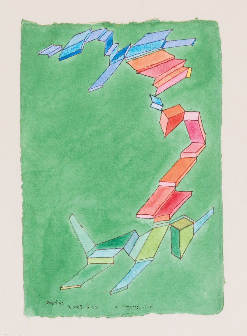 Achille Perilli (Roma 1927): La salita al bleu, 1992 acquarello su carta, cm 33 x 22,5 Firmato in basso a sinistra: Perilli ‘92, la salita al bleu, con una dedica ad personam