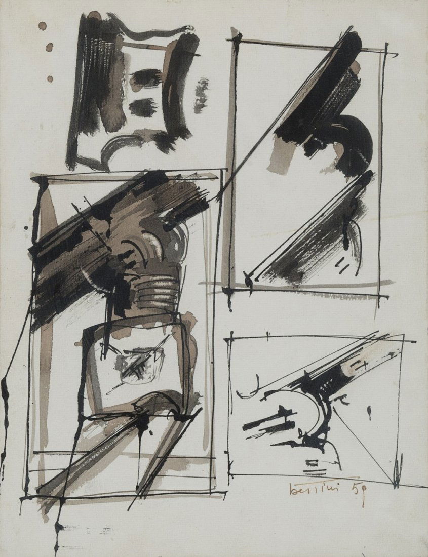 Gianni Bertini ( Pisa 1922 - Caen 2010): Composizione, 1959 tecnica mista su carta applicata su cartoncino, cm 31 x 24 Firmato in basso a destra ed al verso: Bertini ‘59 Composition, 1959 mixed media on paper on card, cm 31 x 24 Signed low