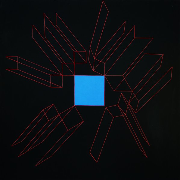 Achille Perilli (Roma 1927): Il lancianuvole, 1982 olio su tela, cm 150 x 150 Firmato al verso: Achille Perilli, Il lancianuvole, 1982 The clouds pitcher, 1982 oil on canvas, cm 150 x 150 Signed on reverse