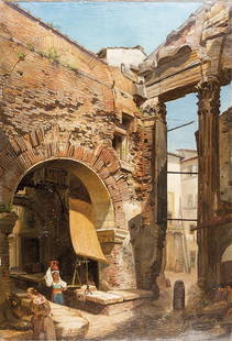 Attribuito a Carl Ebert (Stoccarda 1821 - Monaco di Bav: Roma, vita presso l’antico Portico d’Ottavia olio su tela riportata su cartone, cm 83 x 57 intitolato in basso a destra: Ottavia Borgo / ... Rome, life near the ancient Portico d’Ottavia oil