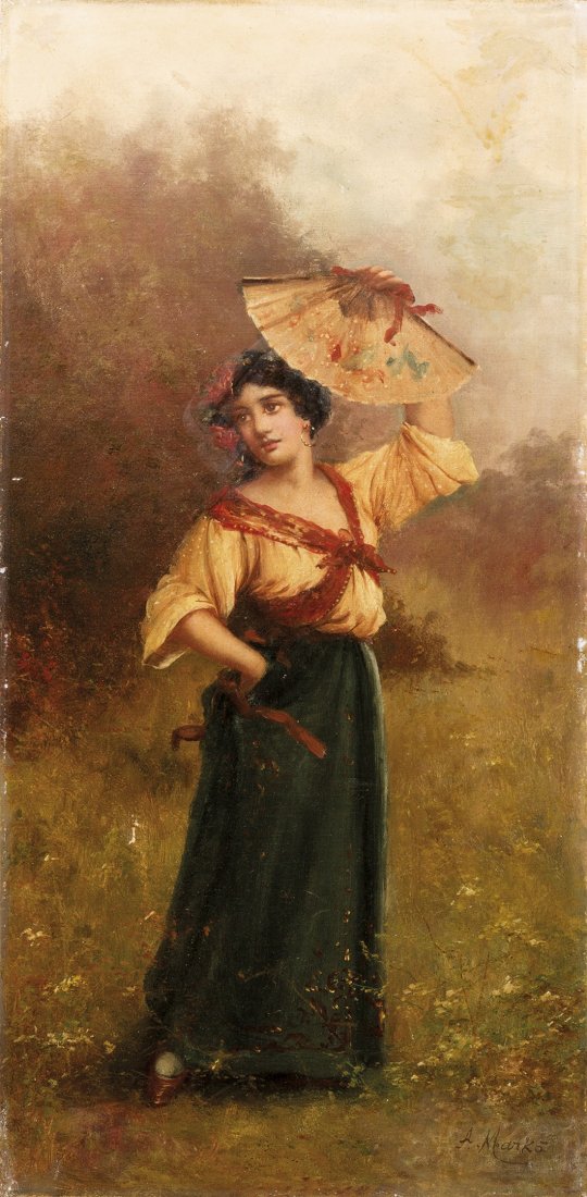 Attribuito a Andrea Markò (Vienna 1824 - Villa Tivoli 1: Giovane donna con ventaglio olio su tela, cm 61 x 30,5 la firma in basso a destra: A. Marko’ appare coeva al dipinto Young woman with fan oil on canvas, 61 x 30,5 cm the lower right signature appear