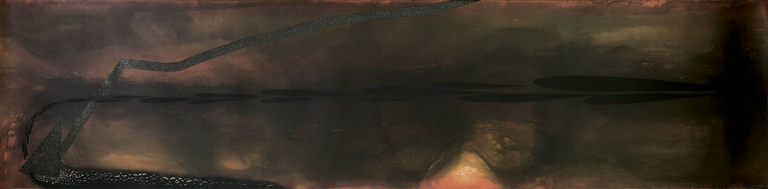 Enzo Cucchi (Morro D’alba 1949): Sparire I, 1988 acquaforte acquatinta e serigrafia, es. 41/45 (dalla tiratura complessiva di 45 ess. e X ess. P.A.), cm 78 x 300 (sc) Firma a matita in basso a destra In basso a sinistra timbri a secc