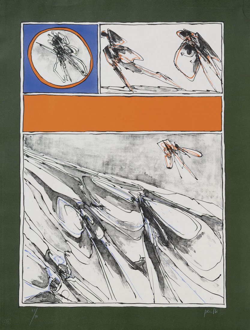 Achille Perilli (Roma 1927): Composizione, 1967 litografia a colori, es. 85/90, cm 61,5 x 47 (misure del foglio) firma a pastello bianco in basso a destra in basso a sinistra timbro a secco dello stampatore 2RC, Roma foglio lieve