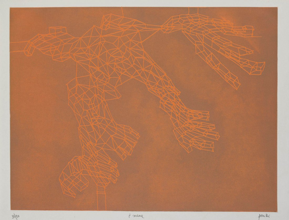 Achille Perilli (Roma 1927): a) Mirabilia, 1985 acquaforte acquatinta, es. W/Z (dalla tiratura complessiva di 100 ess.; 26 da A/Z a Z/Z ; XIV PA (R VII/XVI) (G V/XVI) (K I/XVI & III/XVI), cm 31 x 49,5, (sc) Firma e data a matita