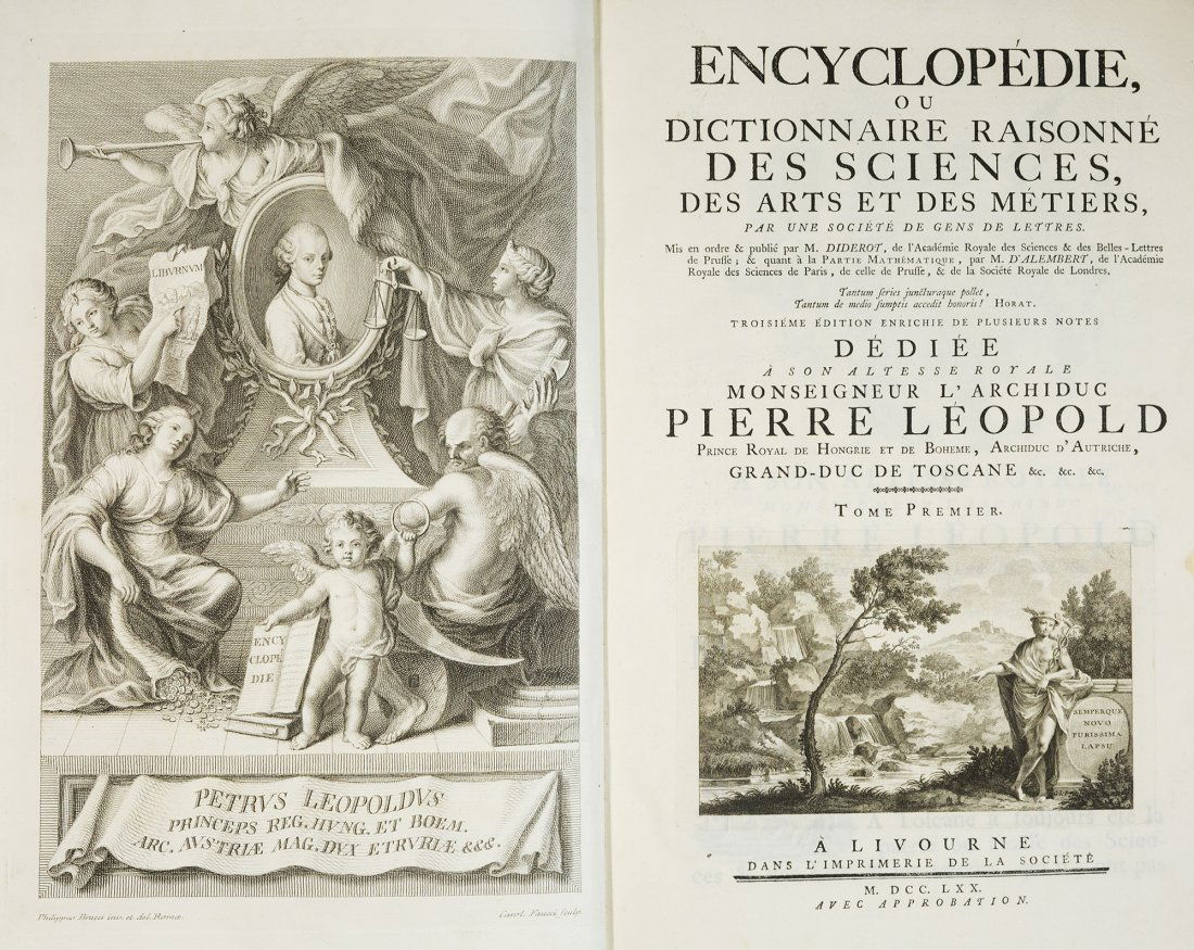Diderot, Denis - d'Alembert, Jean-Baptiste Le Rond: Encyclopédie, ou Dictionnaire raisonné des sciences, des arts et des métiers Livourne, dans l'imprimerie de la Société [puis] de l'imprimerie des éditeurs, 1770-1779. In 2°. 33 volumi: 17 di te