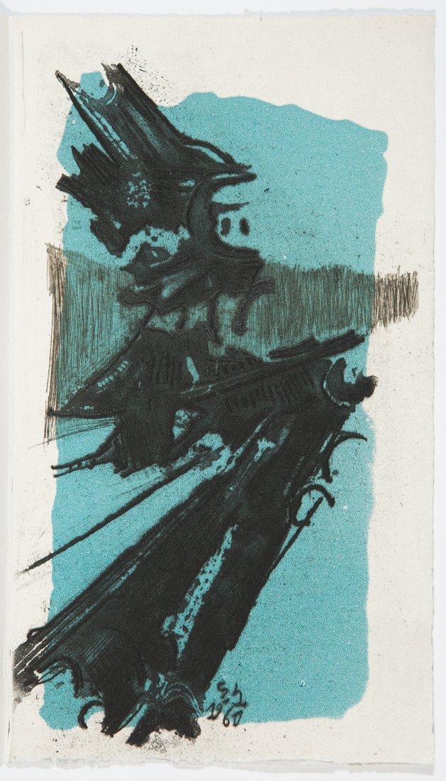 Bertini, Gianni & Sonderberg, Lasse: Nuptiales [Parigi, J.P. Oswald], s.d. (1962). In 8° (mm. 225 x 130). A fogli sciolti con 5 acqueforti originali di Gianni Bertini in nero ed a colori, camicia editoriale con risvolti illustrati a col