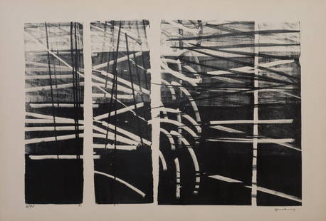 Hans Hartung (Lipsia 1904 - Antibes 1989): Composizione litografia, es. 4/75, cm 48,6 x 72,2_x000B_Firma a matita in basso a destra_x000B_Editore Poligrafa, Barcellona_x000B__x000B_Composition_x000B_Lithograph, numbered 4/75, cm 48,6 x