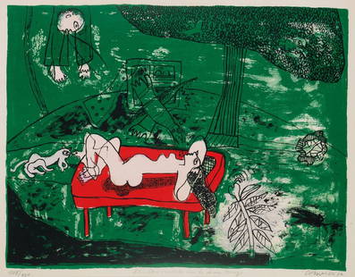 Corneille (Guillaume Cornelis Van Beverloo, Liegi 1922: Fentre ouverte sur le divan rouge, 1972 litografia a colori, es. 108/202, cm 50 x 65_x000B_Firma e data a matita in basso a destra_x000B_Titolo a matita lungo il margine inferiore_x000B_Tracce di