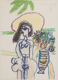 Corneille (Guillaume Cornelis Van Beverloo, Liegi 1922: Donna e aragosta, 1973 litografia a colori, es. 93/100, cm 32 x 23_x000B_Firma e data a matita in alto a destra_x000B_In basso a destra timbro a secco dell€™editore La Nuova Foglio Grafica Club,