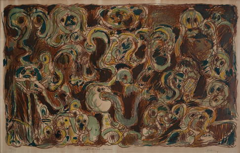 Pierre Alechinsky (Bruxelles 1927): L'inconditionnellement humain, 1970 litografia a colori, es. 179/300, cm 66 x 103_x000B_Titolo a matita in basso al centro_x000B_Firma a matita in basso a destra_x000B__x000B_L'inconditionnellement
