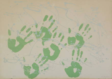 Giulio Turcato (Mantova 1912 - Roma 1995): Mani litografia a colori, es. 26/90, cm 48,5 x 68,5_x000B_Firma a matita in basso a destra_x000B_Margini leggermente ingialliti lungo il perimetro_x000B__x000B_Hands_x000B_coloured lithograph,