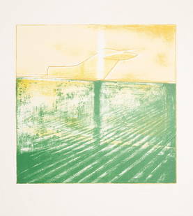 Piero Guccione (Scicli 1935): Attesa di partire, 1969 litografia a colori, es. 79/80, cm 36,5 x 36 (cm 70,3 x 49,8 misure del foglio), (sc)_x000B_Firma e data a matita in basso a destra_x000B_Leggere fioriture al margine