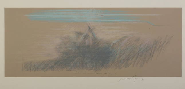 Piero Guccione (Scicli 1935): Ombra sul muro prima del tramonto, 1977 litografia a colori, es. non numerato (dalla tiratura di 90 ess.), cm 50 x 70_x000B_Firma e data a matita in basso a destra_x000B__x000B_Shadow on the wall