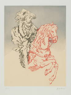 Giorgio de Chirico (Volos 1888 - Roma 1978): Paggio a cavallo, 1972 acquatinta e vernice molle, es. P.A. (dalla tiratura complessiva di 158 ess., comprese le 12 P.A.), cm 51 x 38,5 (cm 70 x 50,5 misure del foglio)_x000B_Firma a matita in basso
