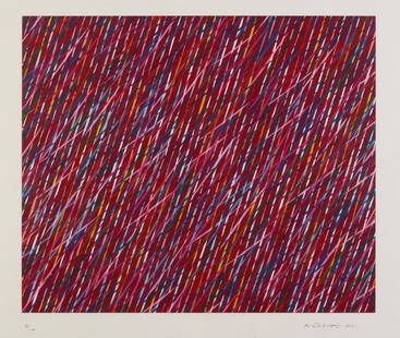 Piero Dorazio (Roma 1927 - Perugia 2005): Incroci fondo rosso, 1993 serigrafia a colori, es. 16/100, cm 80 x 95 (cm 100 x 120 misure del foglio)_x000B_Firma e data a matita in basso a destra_x000B_In basso a sinistra timbro a secco delle