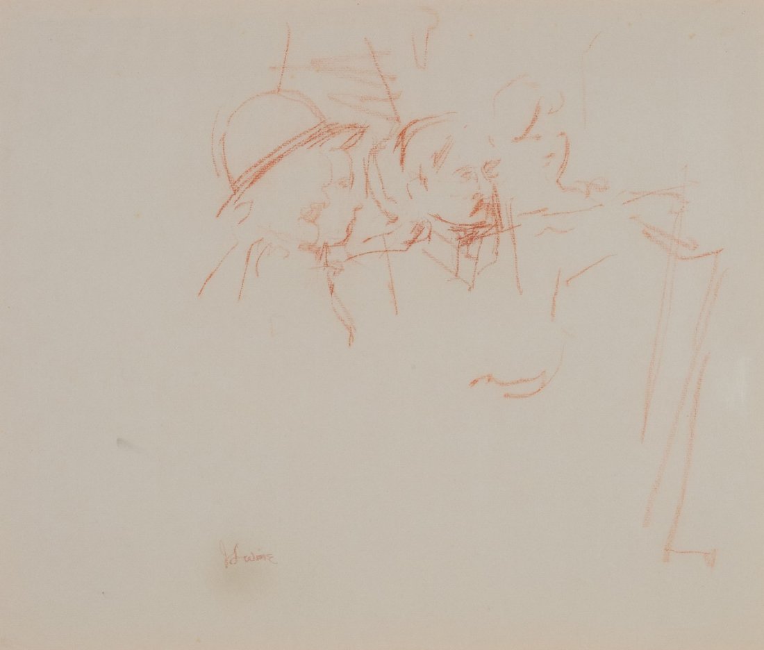 Jack Levine (Boston 1915 - Manhattan 2010): Turnbridge Alley, 1965 sanguigna su carta grigia applicata su cartoncino, cm 43 x 50,8_x000B_Firmato in basso al centro: J. Levine_x000B_Al verso etichetta della galleria Il Gabbiano, Roma_x000B__x000