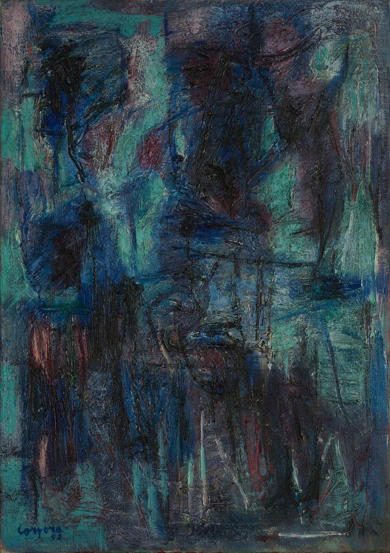 Antonio Corpora (Tunisi 1909 - Roma 2004): Struttura nello spazio, 1958 olio su tela, cm 92 x 64_x000B_Firmato in basso a sinistra: Corpora 58_x000B_Al verso etichetta della galleria La Bussola, Torino; galleria Break, Roma_x000B__x000B_Constr