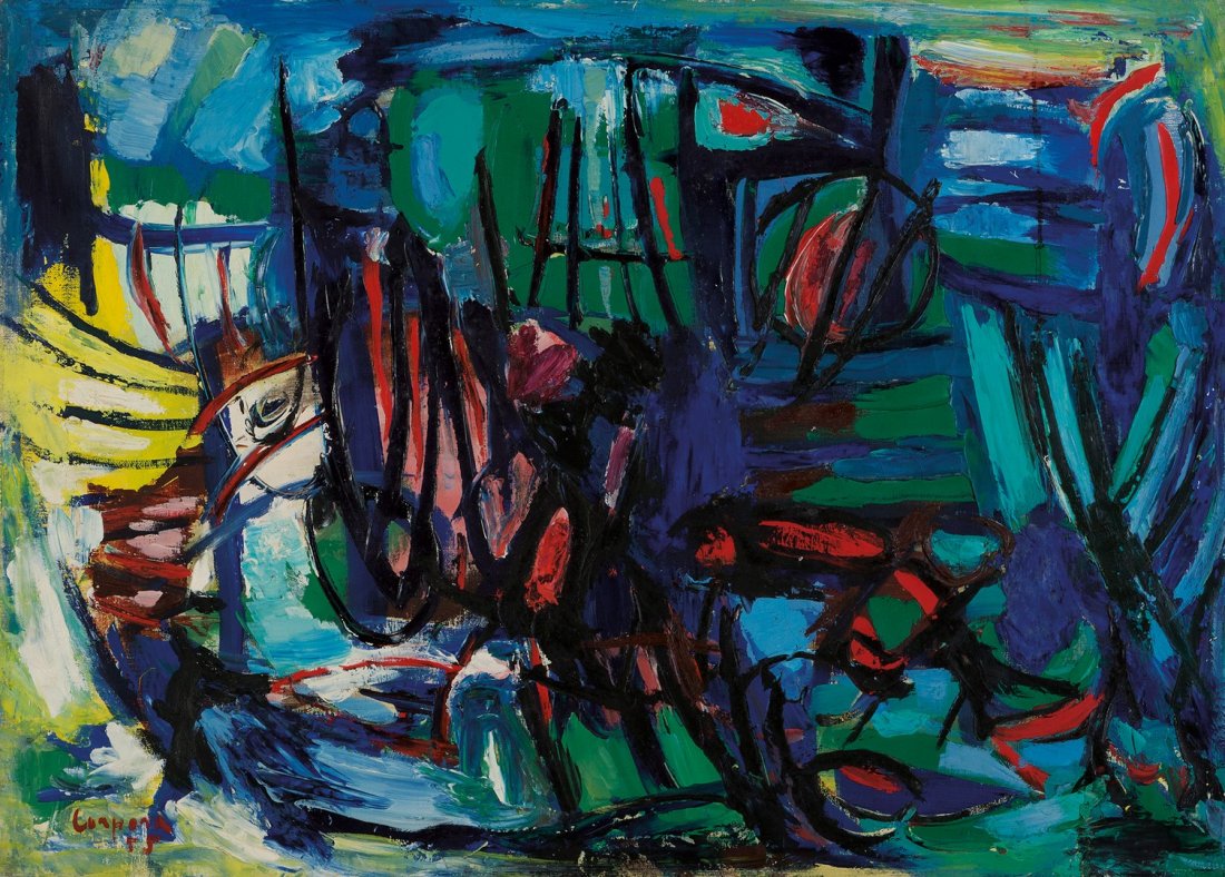 Antonio Corpora (Tunisi 1909 - Roma 2004): Paesaggio marino, 1955 olio su tela, cm 50 x 70_x000B_Firmato in basso a sinistra: Corpora 55_x000B_Al retro etichetta della galleria La Fornarina, Roma_x000B__x000B_Sea landscape, 1955_x000B_Oil on c