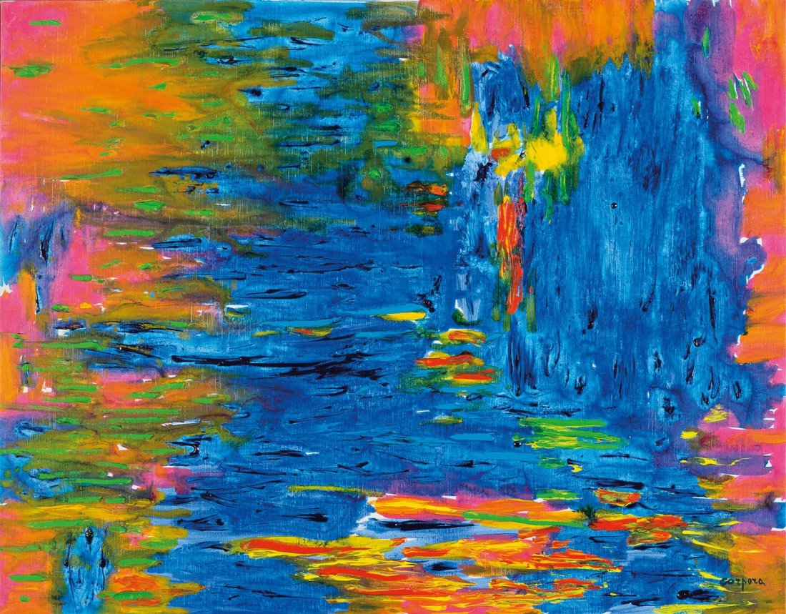 Antonio Corpora (Tunisi 1909 - Roma 2004): L€™et della pietra acrilico su tela, cm 81 x 100_x000B_Firmato in basso a destra: Corpora_x000B_Firmato al verso: Corpora, L€™et della pietra_x000B__x000B_The stone age_x000B_Acrylic on ca