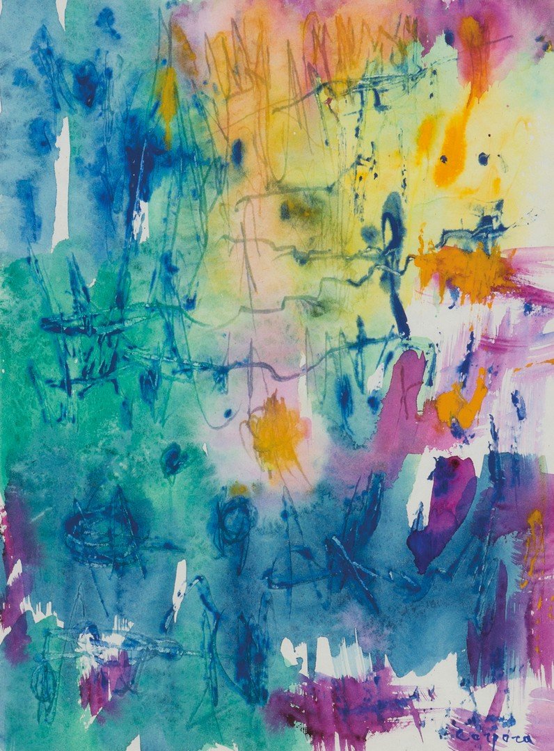 Antonio Corpora (Tunisi 1909 - Roma 2004): Composizione acquarello su carta, cm 39,5 x 29,5_x000B_Firmato in basso a destra: Corpora_x000B__x000B_Composition_x000B_Watercolor on paper, cm 39,5 x 29,5_x000B_Signed lower right