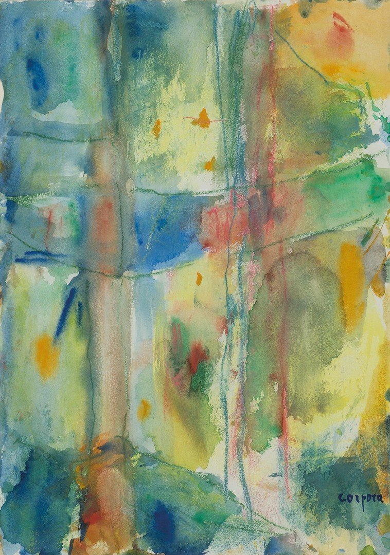 Antonio Corpora (Tunisi 1909 - Roma 2004): Composizione acquarello su carta, cm 51 x 36_x000B_Firmato in basso a destra: Corpora_x000B__x000B_Composition_x000B_watercolor on paper, cm 51 x 36_x000B_Signed lower right