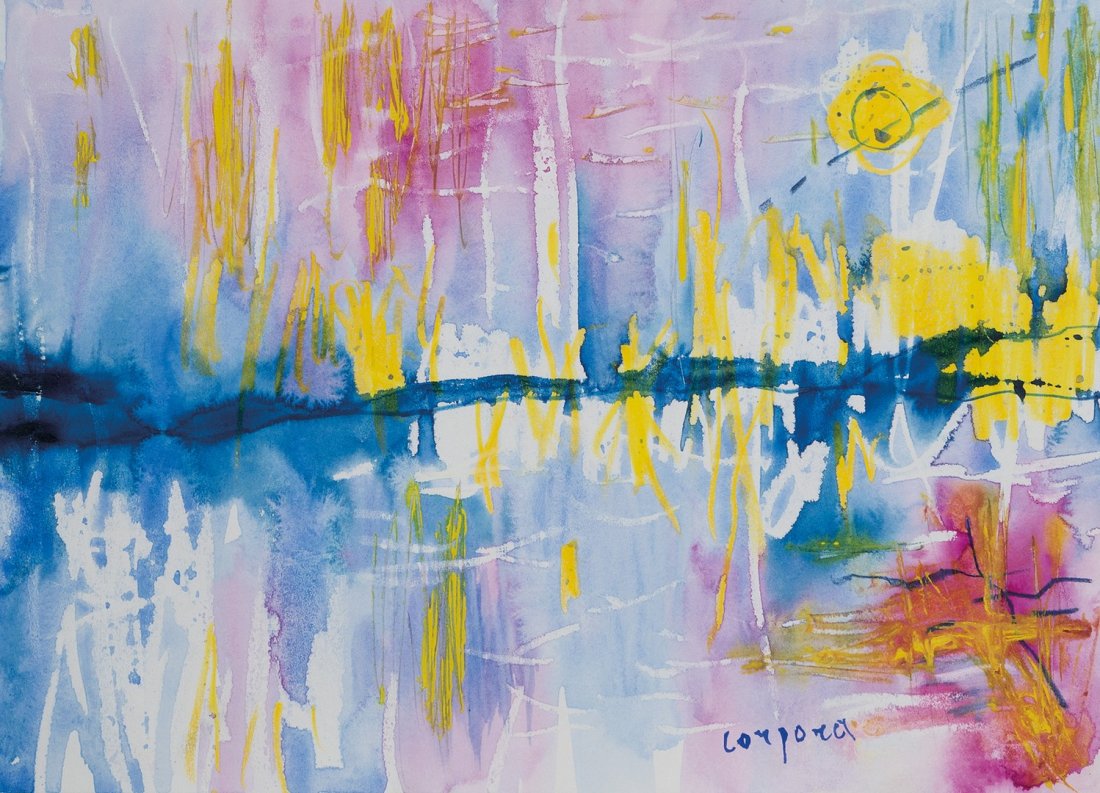 Antonio Corpora (Tunisi 1909 - Roma 2004): Composizione acquarello su carta, cm 25,5 x 35,5_x000B_Firmato in basso a destra: Corpora_x000B__x000B_Composition_x000B_Watercolor on paper, cm 25,5 x 35,5_x000B_Signed lower right _x000B_ Autentica