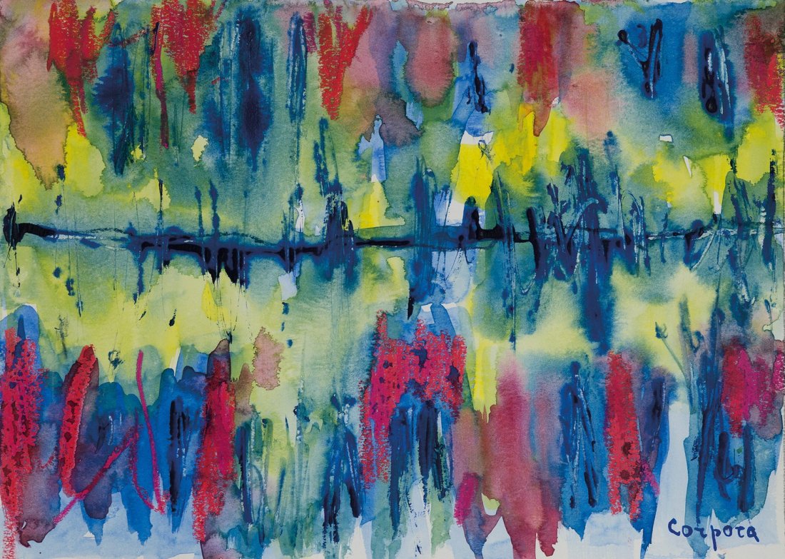 Antonio Corpora (Tunisi 1909 - Roma 2004): Composizione tecnica mista su carta, cm 26 x 36_x000B_Firmato in basso a destra: Corpora_x000B__x000B_Composition _x000B_Mixed media on paper, cm 26 x 36_x000B_Signed lower right _x000B_ Autentica del