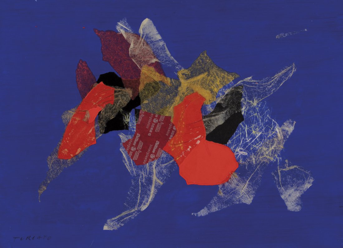 Giulio Turcato (Mantova 1912 - Roma 1995): olio, collage di carte colorate e carta carbone su tela, cm 50 x 70Firmato in basso a sinistra: TurcatoAutentica dell'Autore al verso della tela Opera registrata presso l'Archivio Turcato con il n°L.