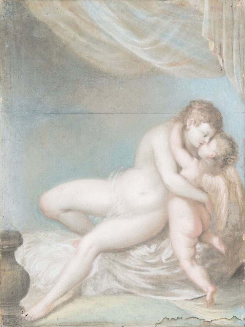 Cerchia di Andrea Appiani (Milano 1754 - 1817): Venere e Cupido pastello su carta applicata su tela, cm 81 x 61 etichetta di collezione sul retro della tela: Appiani Andrea /N.175, inv. 1802 Provenienza: collezione Gianni Versace, Villa Fontanelle,