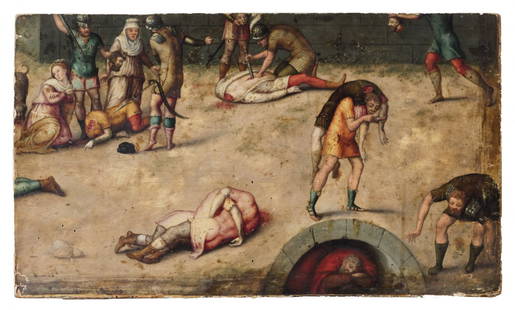 Attribuito a Antoine Caron (Beauvais 1521 - Parigi: Massacro del Triumvirato (frammento) olio su tavola, senza cornice, cm 28,4 x 49,3 Il dipinto è un frammento di un’opera più grande che rappresentava il Massacro ordinato dai Triumviri, e di cui s