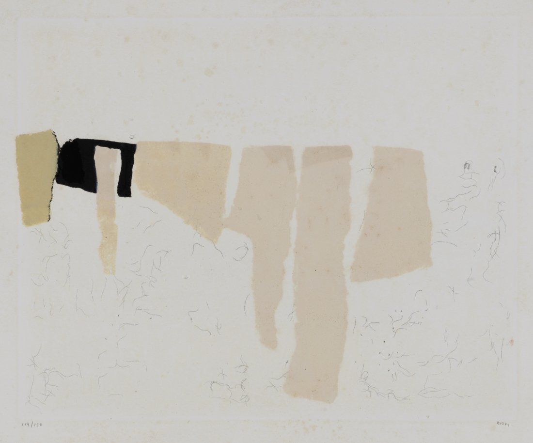 Alberto Burri (Città di Castello 1915 - Nizza 1995): Muffa, 1957 acquaforte e litografia, es.119/150, cm 31,5 x 39,5 (cm 44,4 x 51,4 misure del foglio) Firma a matita in basso a destra Editore Castelli, Roma Foglio leggermente ingiallito con lievi fiori